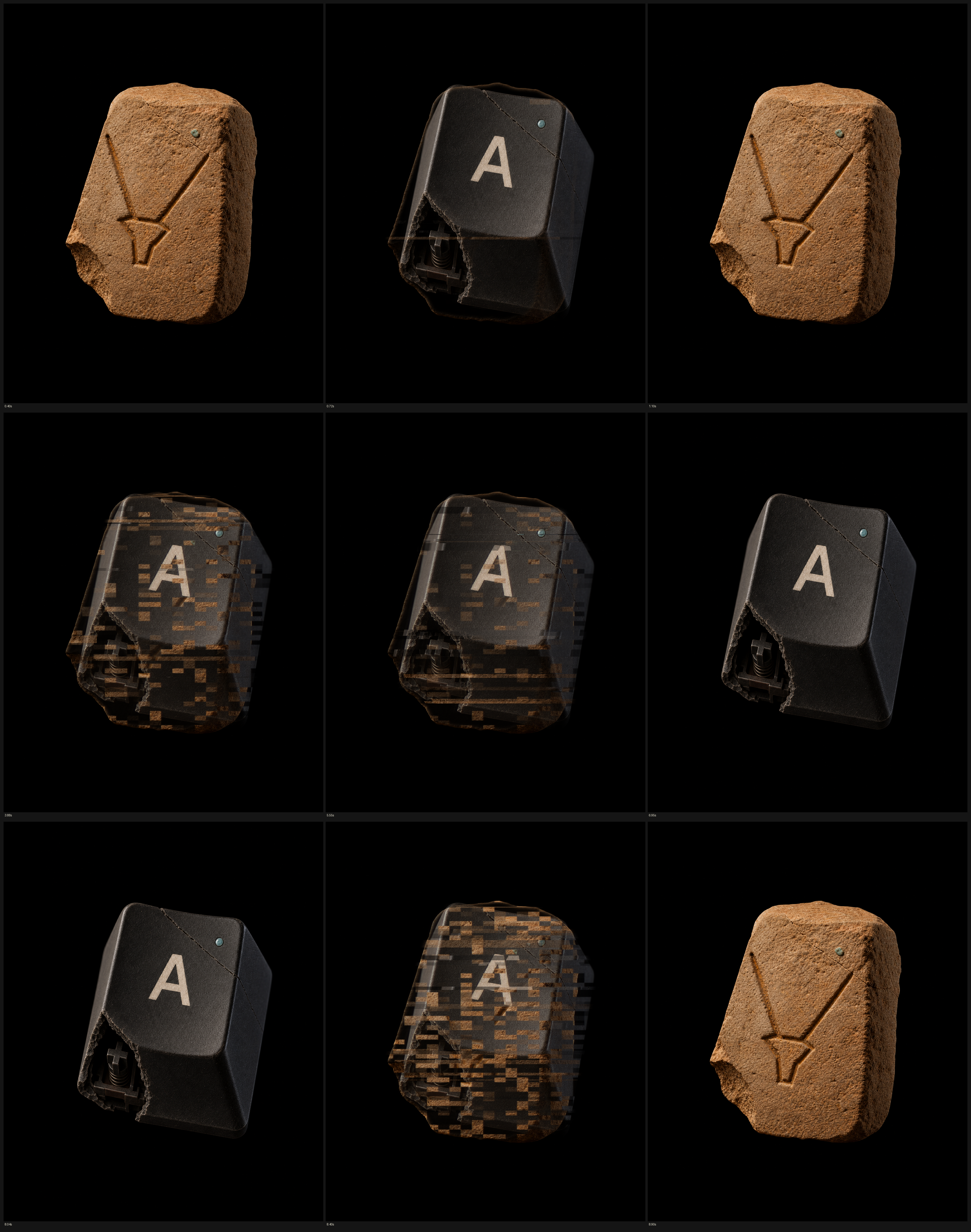 Nine stills from The Letter showing an early aleph interrupted by a computer A key, resolving into the key, then returning to stone